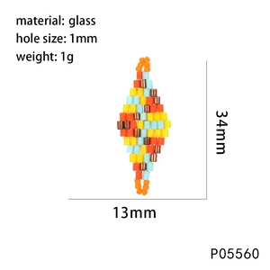 Detail view of 34mm diamond-shaped woven glass beads for DIY jewelry with dimensions