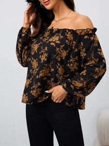 Damen Schulterfreie Langarmbluse mit Blumenmuster in Schwarz und Gelb und Gummibündchen