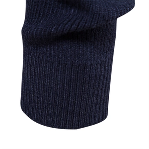 Men's solid navy blue zip cardigan sweater featuring premium ribbed knit cuffs and hem detail