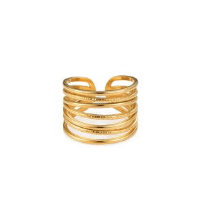 Elegant gold plated multi-layer open ring with alternating smooth and textured metal bands
