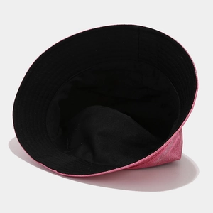 Reversible rose gold glitter PU bucket hat with black fabric lining for outdoor sun protection