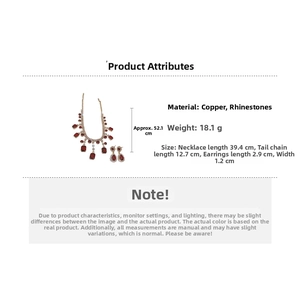 Detail view of red crystal necklace and earrings set with technical specifications