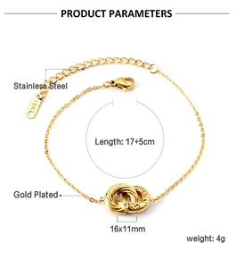 Detail of 18K gold plated stainless steel bracelet with intertwined circles and diamonds
