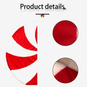 Plush red and white peppermint swirl Christmas tree skirt with detailed fabric texture views