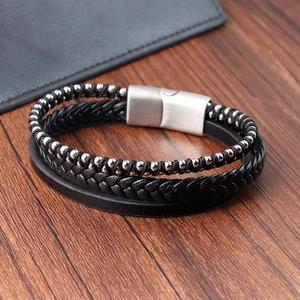 Multi-layer black braided leather bracelet for men with steel beads and magnetic clasp