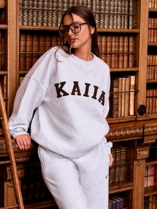 Damen Sportset in Grau mit Buchstaben-Stickerei und lockerer Jogginghose