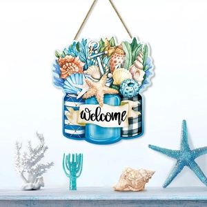 Coastal wooden welcome plaque with sea life illustrations and hemp rope for home wall decor