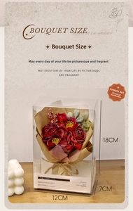 Detailed view of red artificial rose bouquet in a transparent acrylic gift box