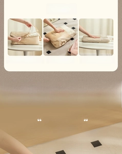 Detail of beige compression travel organizer with dual zippers and size options