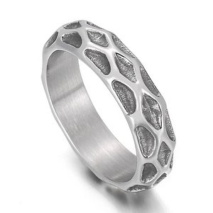 Mens irregular wave titanium steel ring featuring silver geometric grid texture