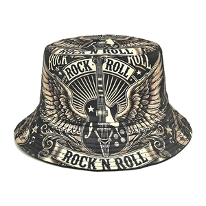 Rock N Roll Bucket Hat Polyester Retro Guitar Print Sun Protection Outdoor Travel Streetwear For Men Women