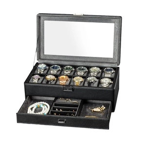Uhrenbox aus PU-Leder mit 12 Fächern und Schmuckschublade in schwarzer Litchi-Optik