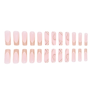 Long ballerina press-on nails in soft pink with gold glitter french lines and waves