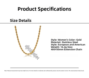 Detailed size specifications for a gold stainless steel 4mm twisted rope chain necklace