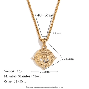 Vintage 18K gold plated stainless steel tarot sun eye pendant necklace for women