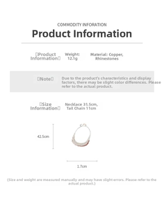 Detailed specs of rhinestone tassel necklace with adjustable 11cm tail chain