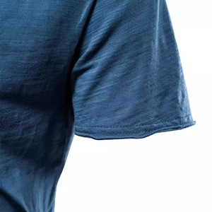 Blue slub cotton V-neck T-shirt with premium textured fabric and flat cuff stitching