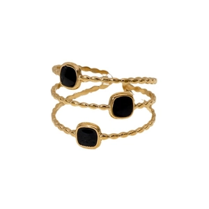 Three-piece stackable 18K gold-plated stainless steel rings with square black enamel gems
