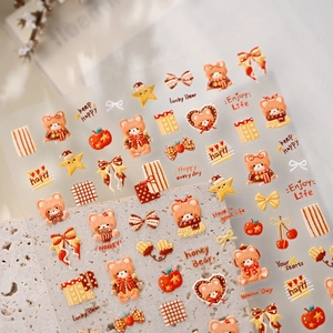 3D embossed lucky bear nail art stickers with vintage caramel hearts and stars