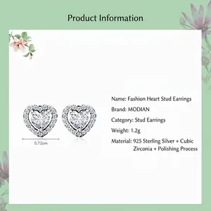 Classic 925 sterling silver heart-shaped stud earrings with micro-pave zirconia stones