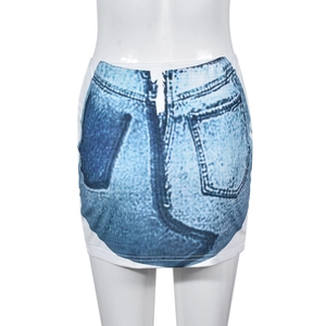 Detail of white mini skirt featuring realistic denim back-pocket print texture