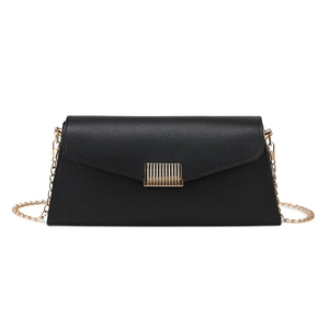 Elegant black faux leather baguette bag with litchi texture and gold chain strap