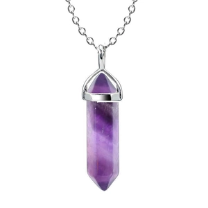 Polished silver chain necklace featuring a hexagonal purple crystal stone pendant