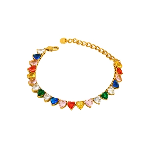 Gold plated stainless steel tennis bracelet with multicolored heart-shaped zircon stones