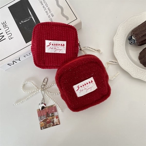 Portable Sanitary Napkin Storage Bag Plush Corduroy Pouch Small Travel Zipper Organizer Minimalist Square Cosmetic Bag