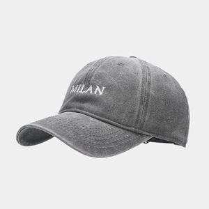 Detail of Milan embroidery on charcoal washed cotton baseball cap with vintage finish