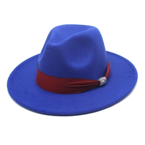 Classic royal blue wool fedora hat with a deep red satin band and silver rhinestone buckle
