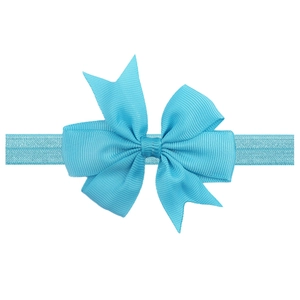 Light blue infant ribbon bow headband with elastic fabric strap for baby girls