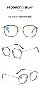 Detail of TR90 round glasses frames with gold black rim, anti-blue light and UV400 lenses
