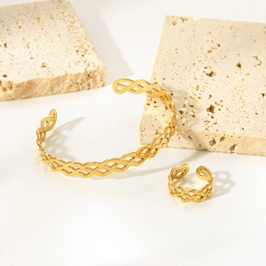 Minimalist 18K gold plated stainless steel hollow woven bangle and open ring jewelry set