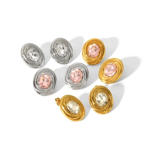 Luxe zircon oval stud earrings in gold and silver finish with spiral texture