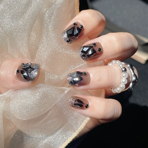 Short square black press-on nails with 3D diamond gems and silver glitter accents