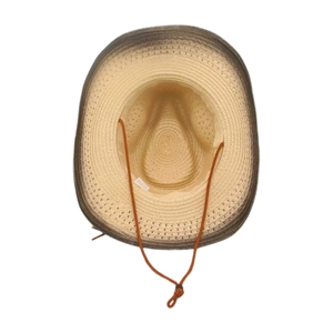 Detail view of woven straw cowboy hat interior with sweatband and adjustable wind rope