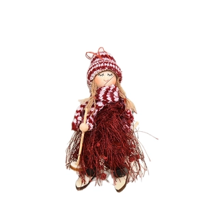 Christmas wooden skiing doll pendant with red and white knit hat and tassel yarn skirt