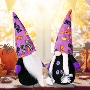 Pair of purple Halloween faceless gnomes with bats pattern and autumn window background