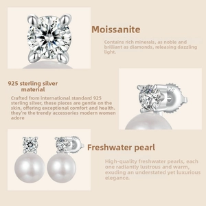 Detailed view of S925 sterling silver hallmark on moissanite and pearl stud earrings