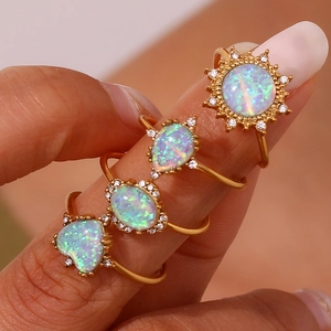 Adjustable 18K gold plated stainless steel rings with opal heart and sun designs
