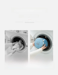 Comparison showing light blue mesh laundry bag preventing clothes tangling in washer