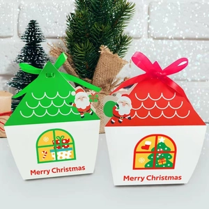 Christmas House Shaped Gift Boxes Cardboard Candy Apple Packaging With Ribbon Bow Merry Christmas Pattern Holiday Party