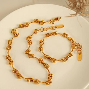 Stainless Steel Necklace And Bracelet Jewelry Wave S-Shape Chain With Round Beads Lucky Tag Fashion Women