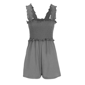 Close-up of gray strapless romper with ruffled straps and elastic waist on white background