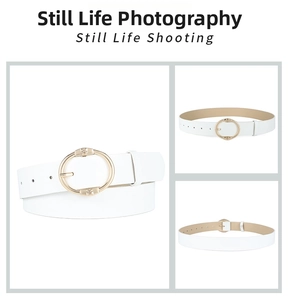 Detail of white PU leather belt with gold oval buckle and fine stitching craftsmanship