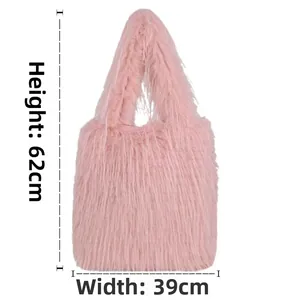Detail view showing dimensions of large plush tote bag: height 62cm and width 39cm