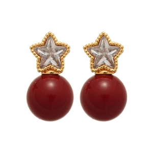 Vintage gold star studs with red pearls and zircon stones for women's daily wear