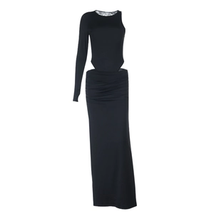 Chic black one-shoulder cutout maxi dress with long sleeves and pleated waist detail