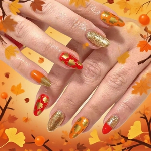 Maple Leaf Pattern Long Almond Press On Nails Autumn Gold Glitter Red Orange Glossy False Nails